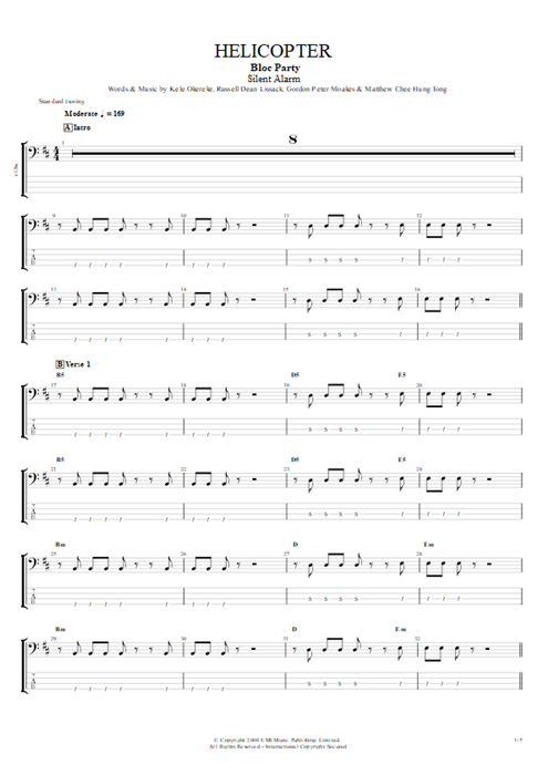 Helicopter Bloc Party guitar pro tab EBass Guitarras y pista de acompañamiento mysongbook